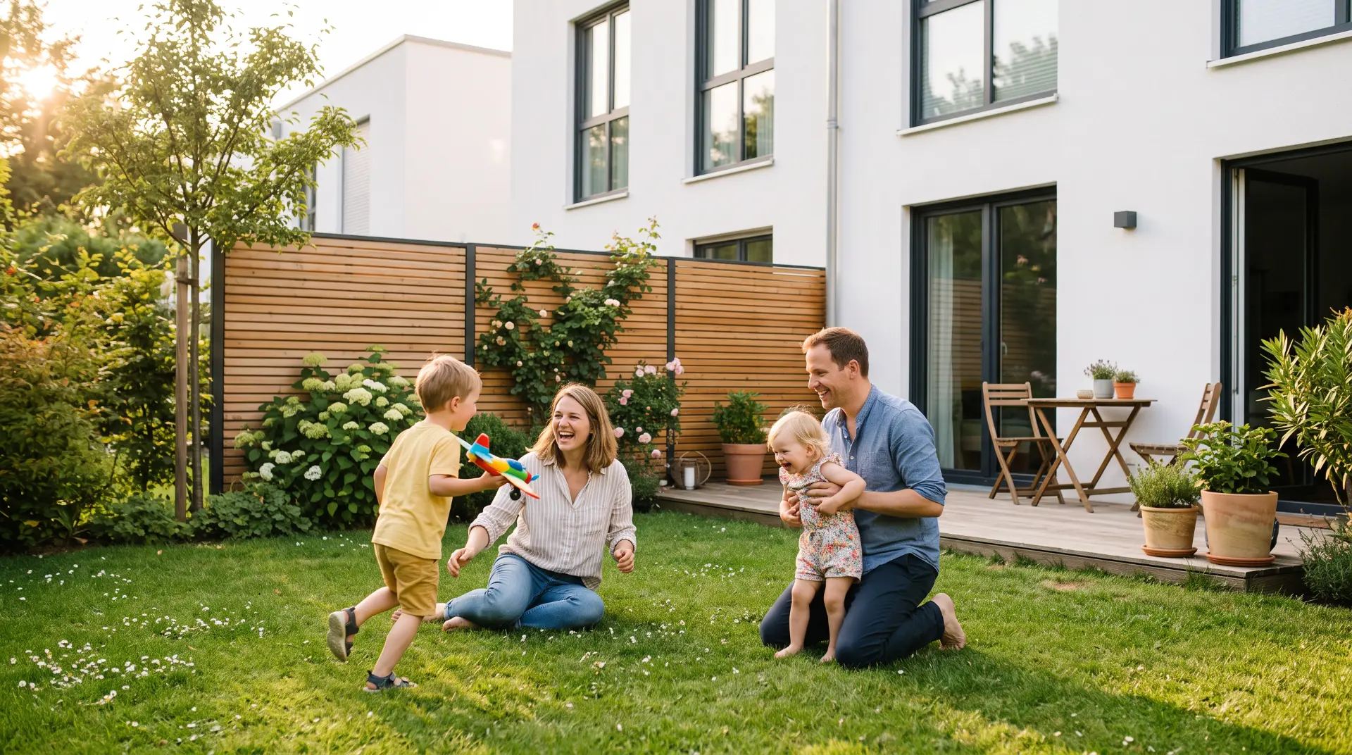 Familie spielt im eigenen Garten hinter dem Stadthaus
