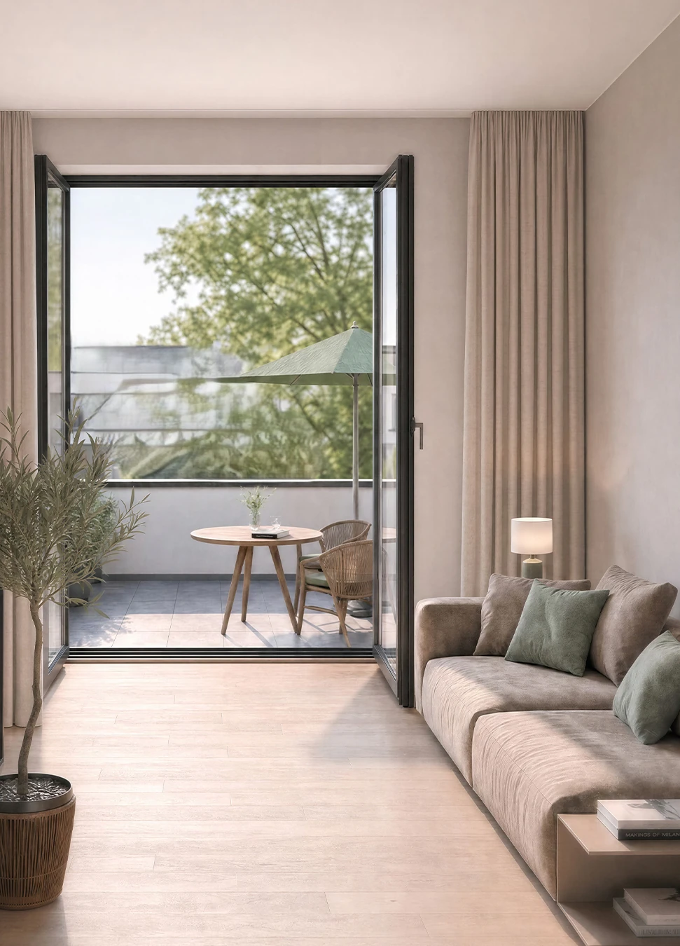 Galerie im Dachgeschoss mit gerader Decke und Zugang zur Dachterrasse