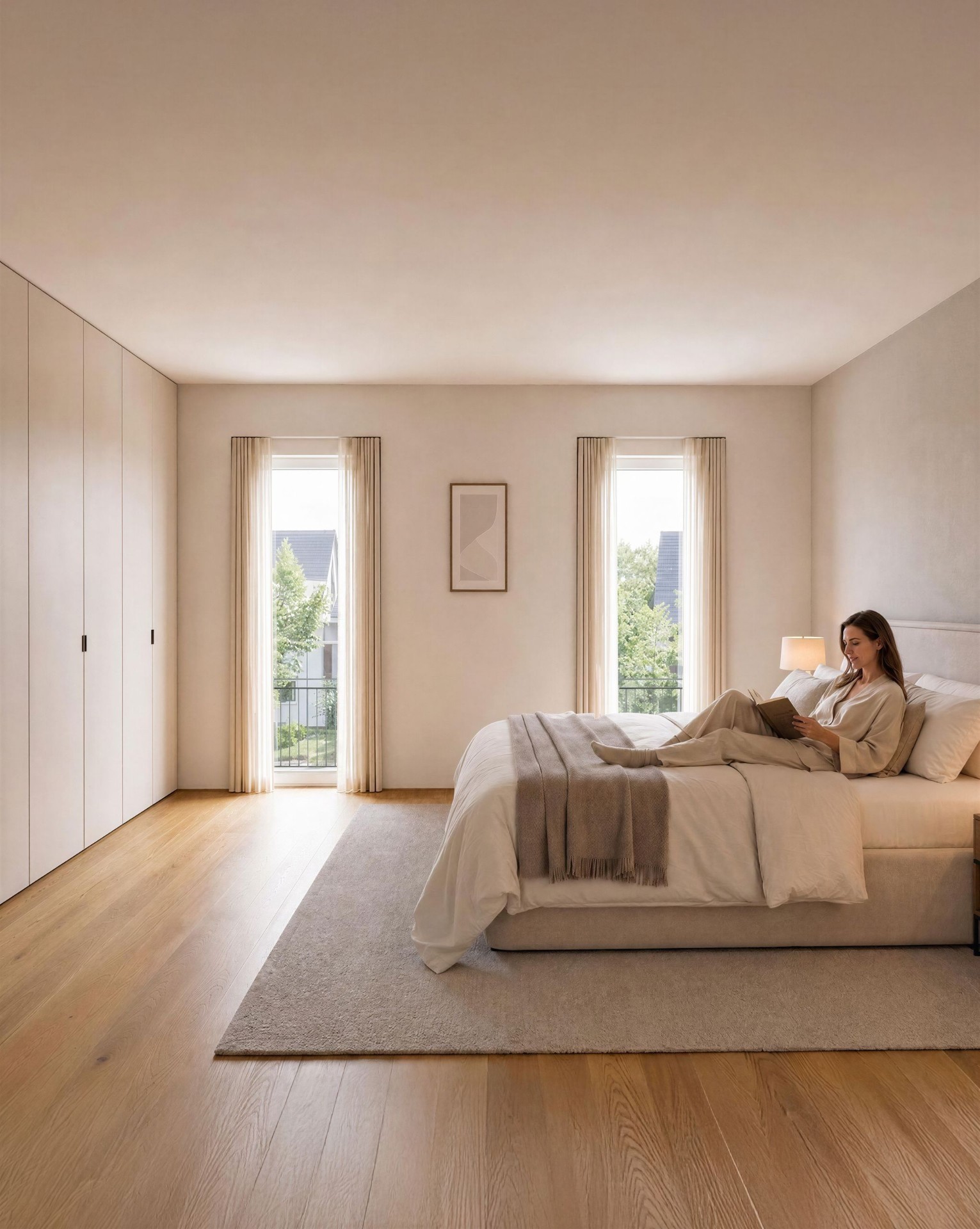 Helles Schlafzimmer mit hohen Fenstern